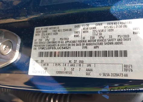 2020 Ford Escape S z USA, uszkodzony, nr VIN 1FMCU0F65LUC54521